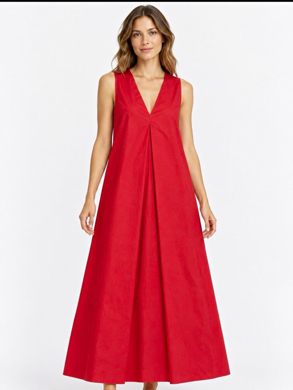 Ottod’Ame Dress Womens 2 Red Cotton Sleeveless V Neck Pleated Maxi Made in Italy